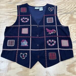Vtg Bobbie Brooks Women's Corduroy Birdhouse Hearts Vest L (12/14) Blue Retro